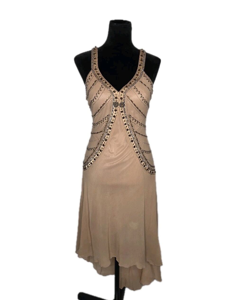 VTG Sue Wong Nocturne Silk Beaded Dress Sz 6 Asymmetrical Hem Art Deco Gatsby